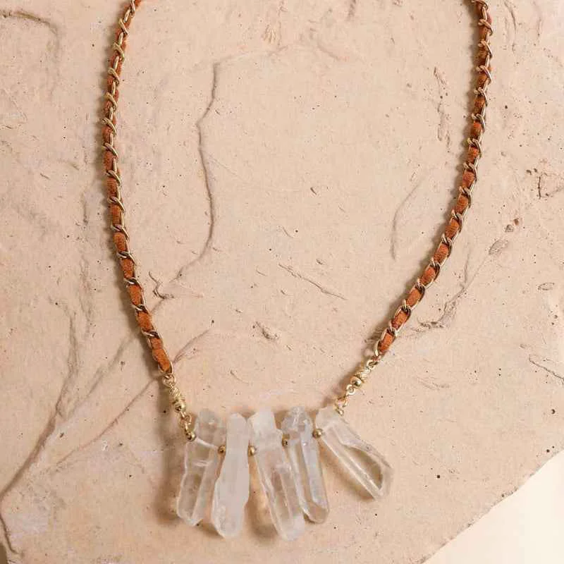 Verified Crystal Pendant Necklace Brown Beaded Chain Gold Accent Sustainable