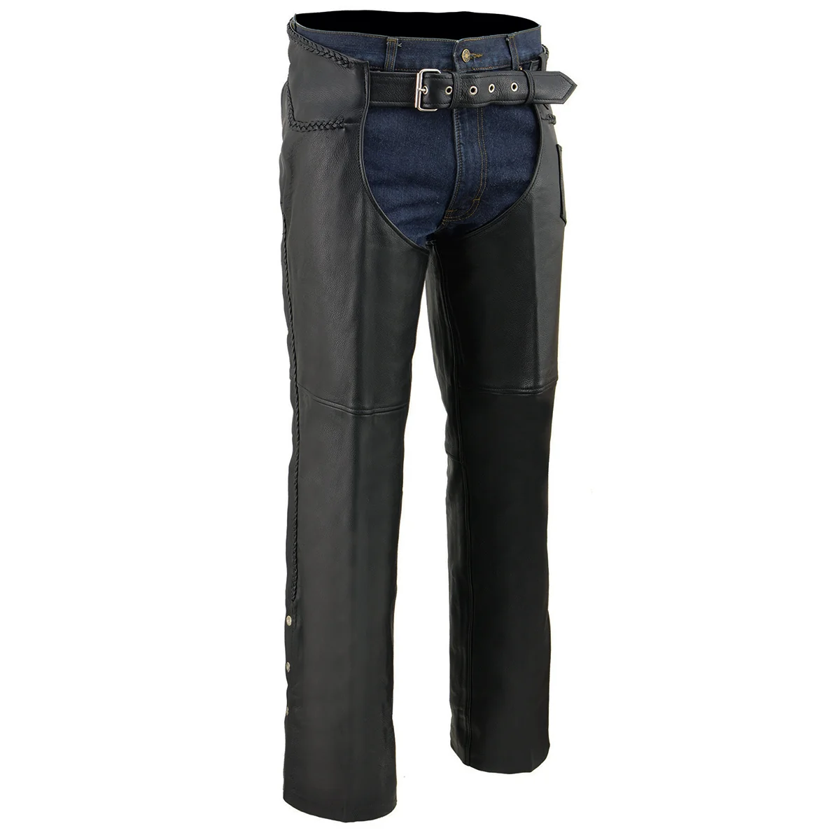 Expertly Made Milwaukee Leather Chaps for Men’s Black Thick Braided Premium Leather Motorcycle Chaps w Front Coin Pocket-ML1135 Exclusive