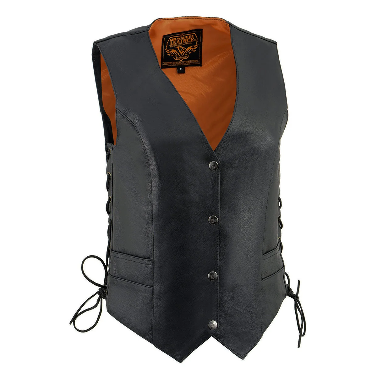 Exceptional Milwaukee Leather ML1254 Women’s Black Premium Leather Side Lace Motorcycle Rider Vest w Milwaukee Leather Logo Snaps Closure Solid
