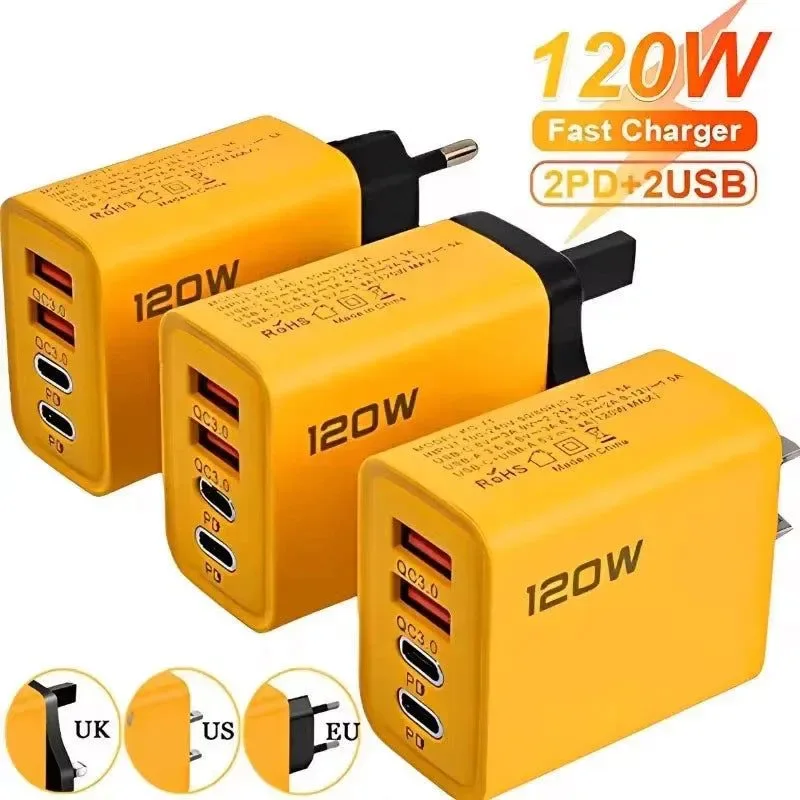Comfortable 4-Port USB C Fast Charger with PD QC 3.0 – 120W High-Speed Charging Hub for iPhone Samsung Xiaomi Huawei and More First-Class