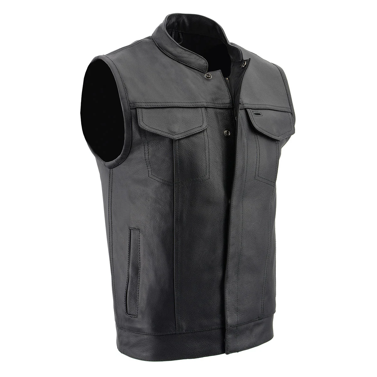 Clean Milwaukee Leather LKM3713 Men’s Black Leather Club Style Motorcycle Rider Vest W Dual Closure Zipper and Snaps Minimalist