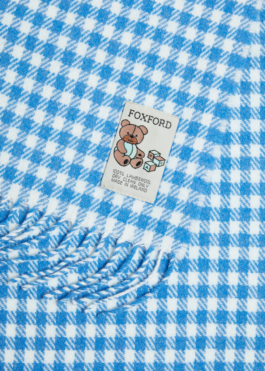 Enhanced Foxford Blue Gingham Lambswool Baby Blanket Practical