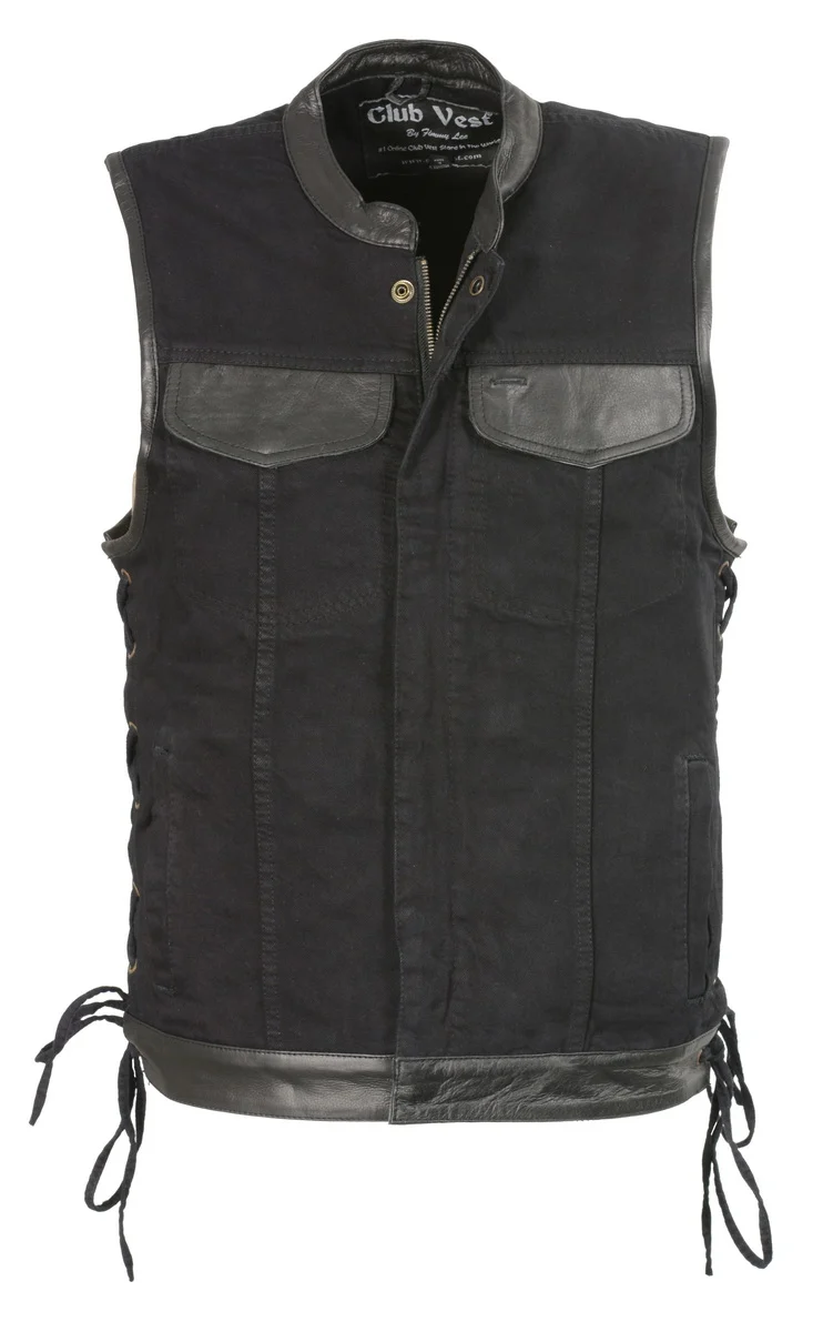 Original Design Club Vest CVM3011 Men’s Side Lace Black Denim Vest with Leather Trim Accents Elite