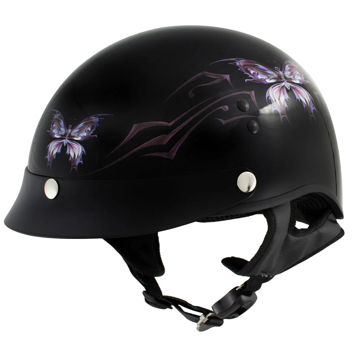 Fine Hot Leathers HLT70 Purple Butterfly Glossy Black DOT Motorcycle Half Face Biker Helmet Effective