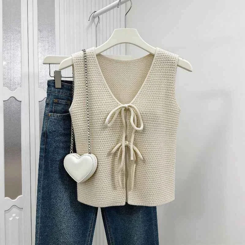 Fast Knitted Tie-Front Vest – Stylish Casual Wear for Women Beige Color First-Class
