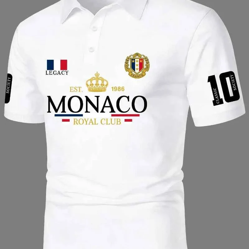 Modern LEGACY MONACO Royal Club Men s Short Sleeve Polo Shirt with Crest Logo Number 10 Sleeve Print Official