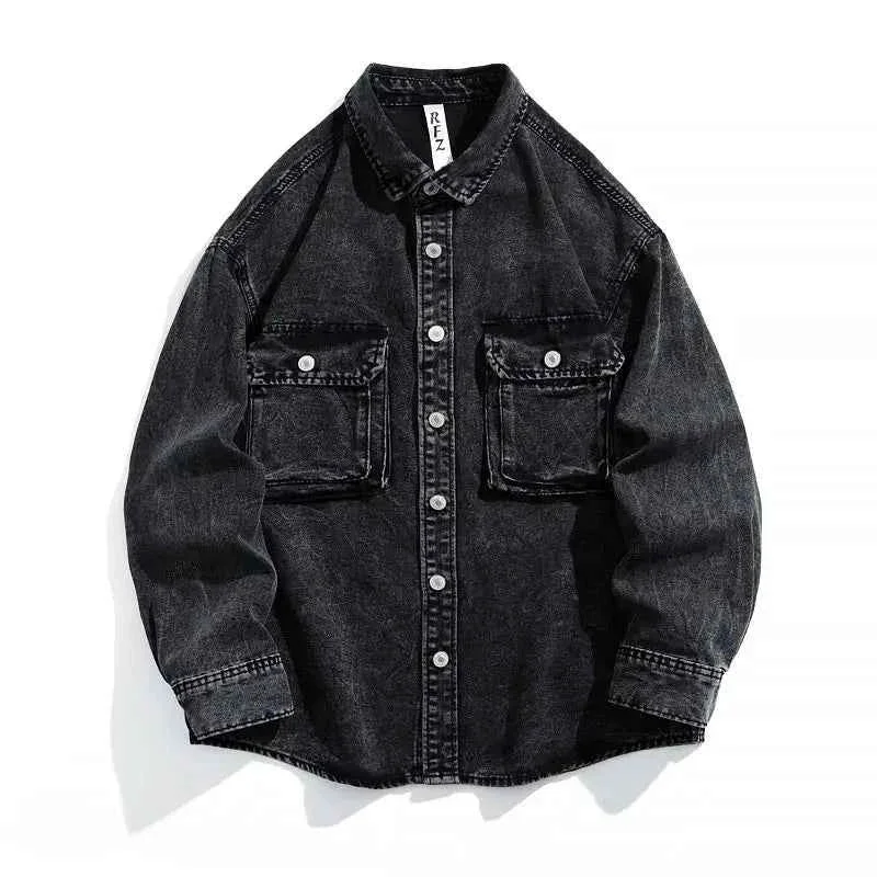 Elite REZ Black Washed Denim Button-Up Shirt Jacket – Collared Long Sleeve Casual Outerwear Detailed