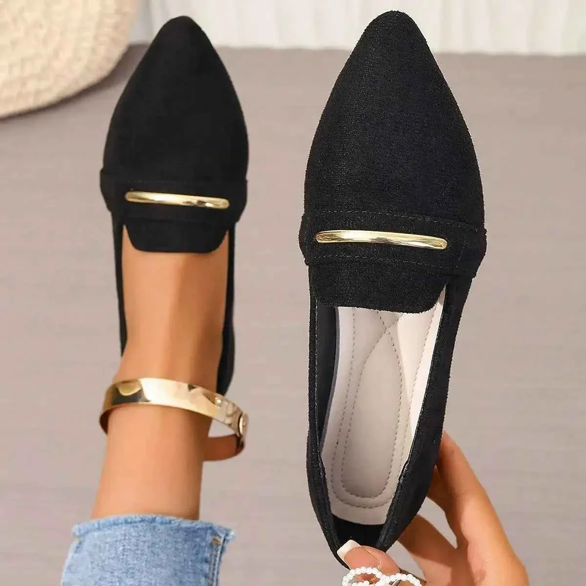 Refined Women s Pointed Toe Flat Shoes with Gold-Tone Ankle Strap Metal Bar Detail Trendy