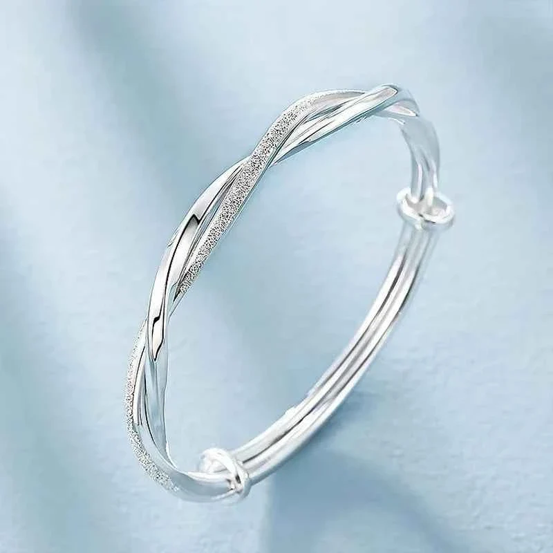 Elegant Silver-Tone Twisted Bangle Bracelet – Polished Textured Open Wrist Bracelet Smooth