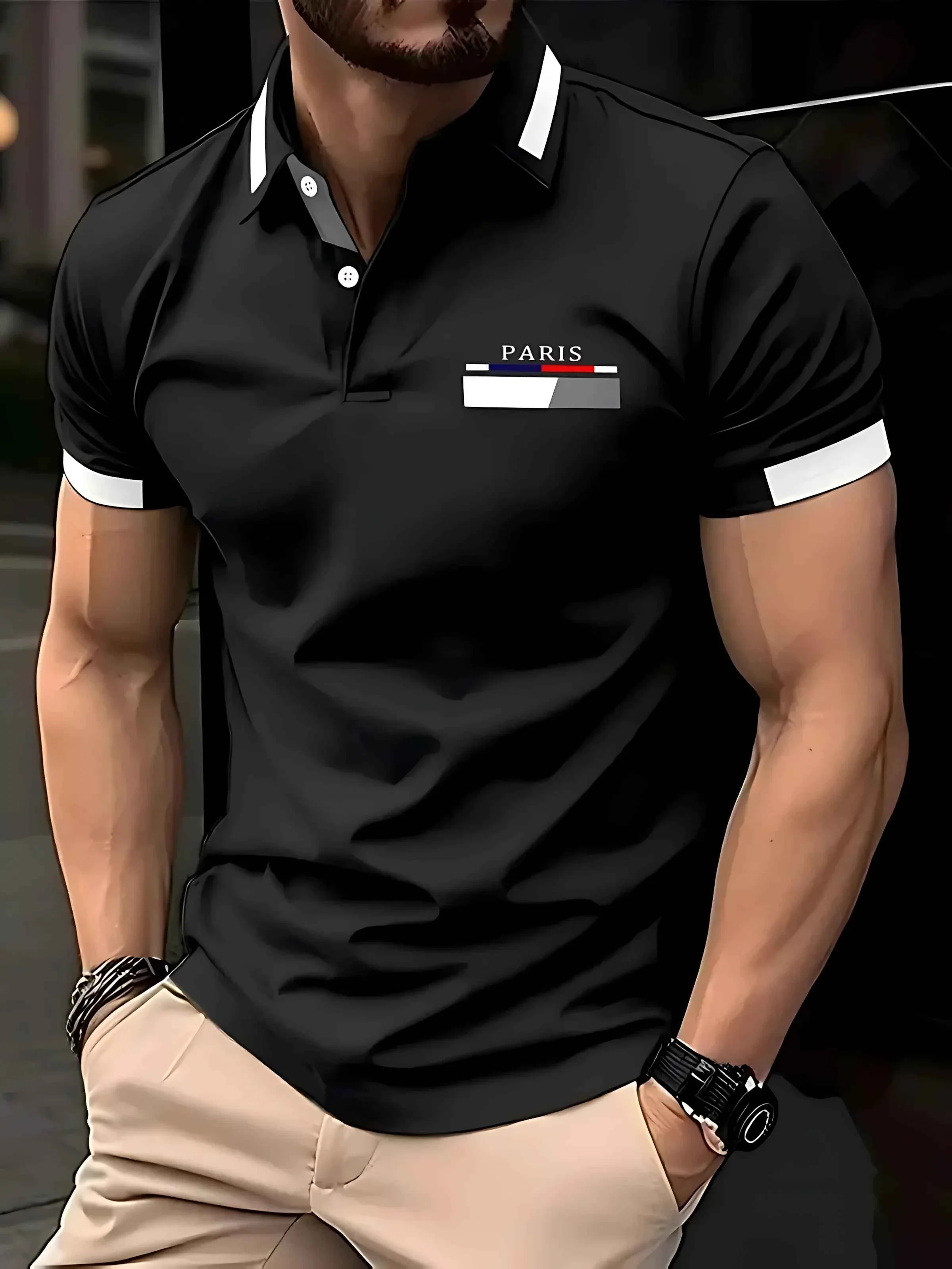 Versatile PARIS Men s Solid Color Polo Shirt with Contrast Collar Sleeve Trim Effective