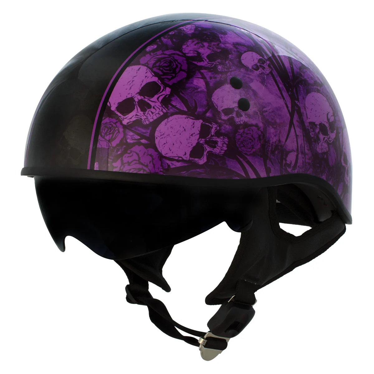 Artisan Hot Leathers HLD1039 Gloss Black Purple Skull Bouquet Advanced DOT Unisex Half Helmet w Drop Down Visor Specialty