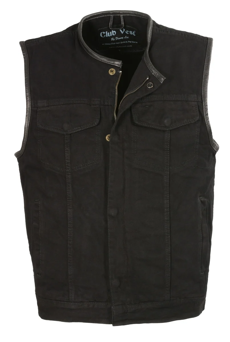 Exceptional Club Vest CV3004LT Men’s Black Collarless Denim Vest with Concealed Snaps and Hidden Zipper Unique