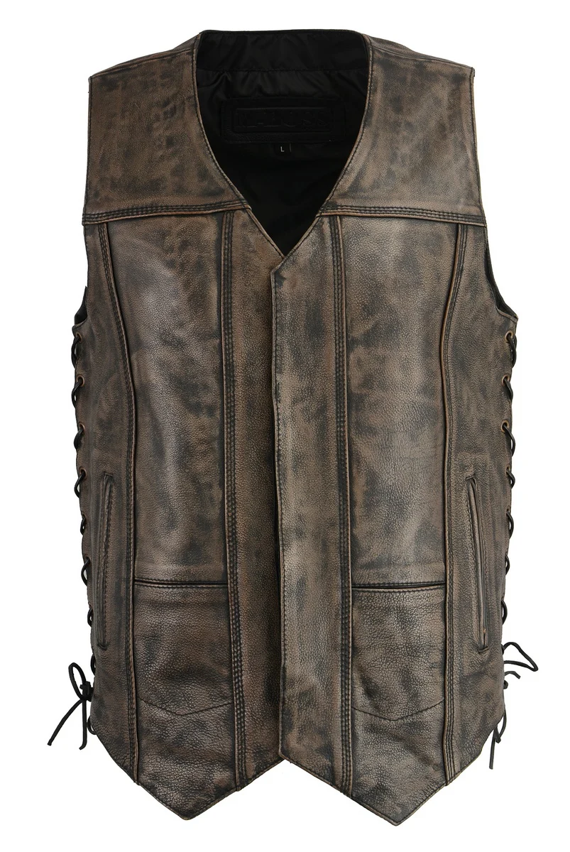 Fashionable M Boss Motorcycle Apparel BOS13501 Men’s Distressed Brown Leather 10 Pocket Motorcycle Vest w Quick Draw Pocket High-Performance