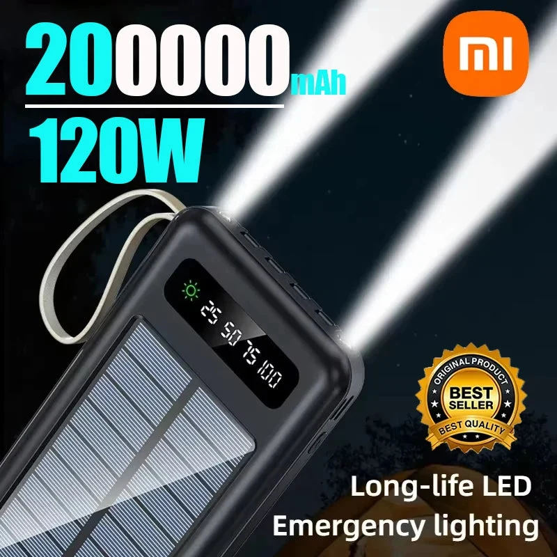 Certified 200000mAh Solar Power Bank – Ultra High Capacity Fast Charging Portable Charger with Built-in Cables LED Light World-Class
