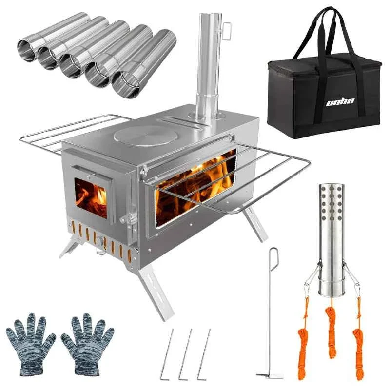 Fine UNHO Hot Tent Wood Burning Stove Portable Camping Stove with 6 Stainless Steel Chimney Pipes for Outdoor Heating Cooking Functional