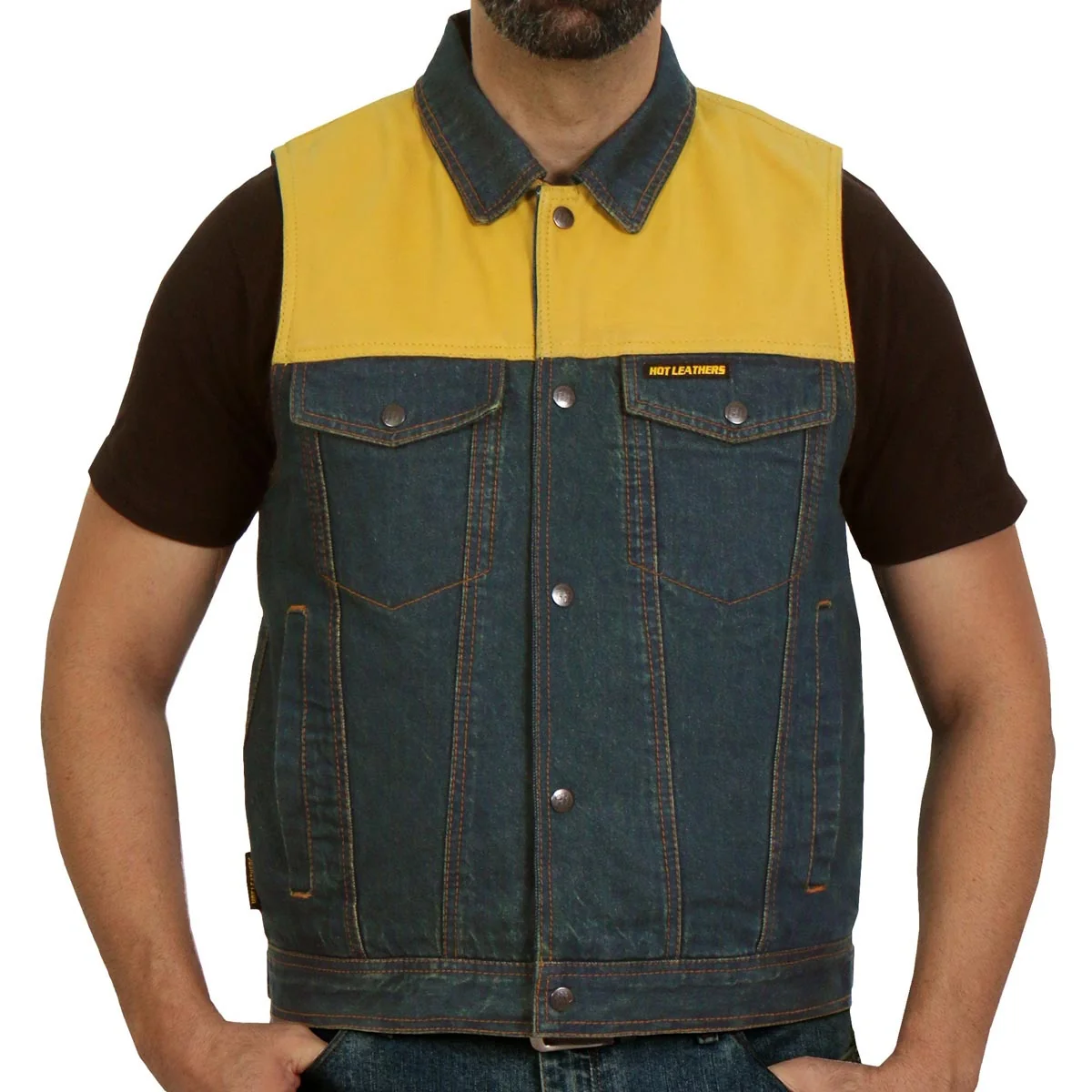 First-Class Hot Leathers M6103 Men’s ‘2-Tone’ Leather and Denim Club Style Biker Vest Crafted