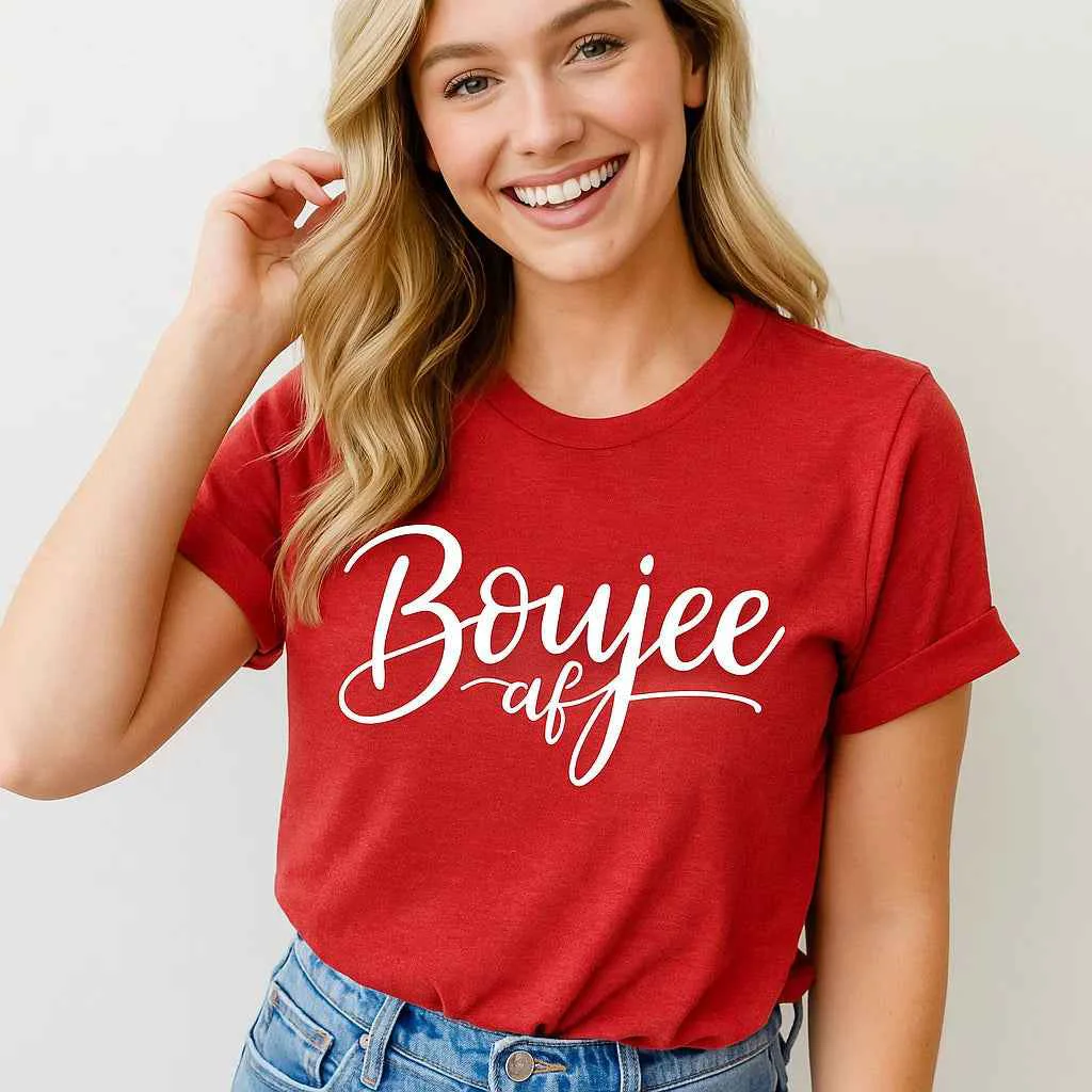 Original Boujee Uff Red Women s Graphic T-Shirt with White Script Print and Short Sleeves Premium Material