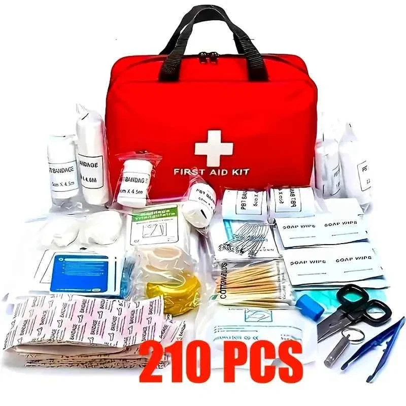Carefully Designed 210-Piece Portable First Aid Kit with Red Zippered Medical Bag for Car Travel and Outdoor Use Contemporary