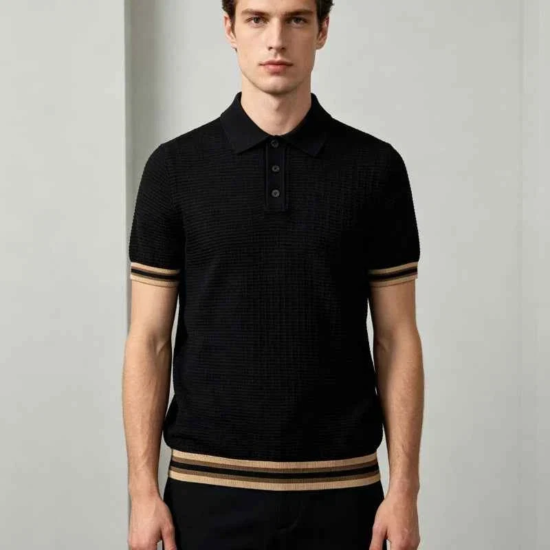 Natural Men s Black Textured Short-Sleeve Polo Shirt with Striped Trim Consistent