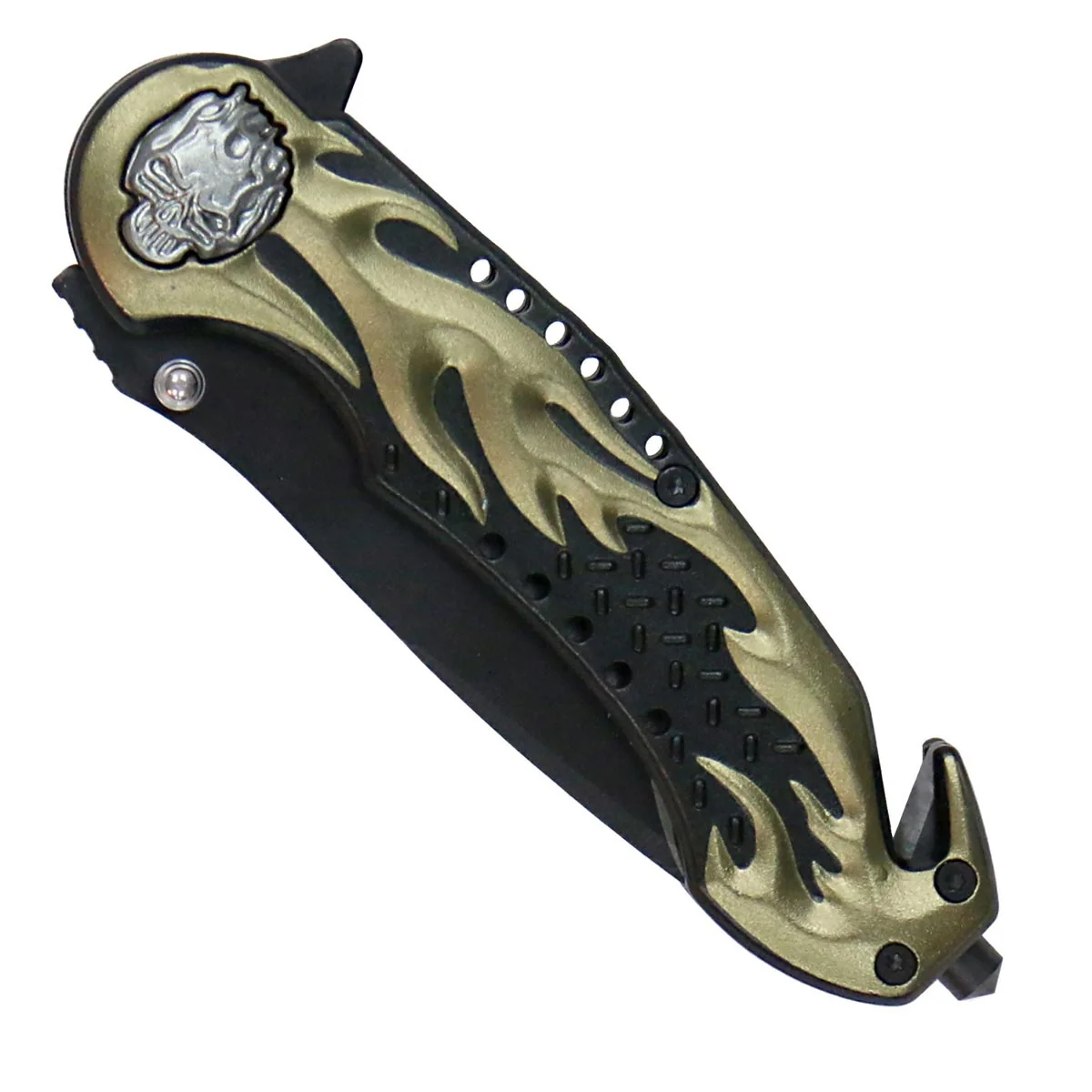 Flexible Hot Leathers KNA1134 Gold Flaming Skull 3.5 Folding Knife Pure