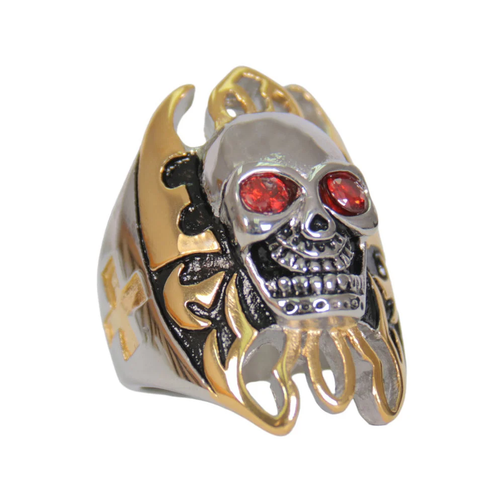 Soft Hot Leathers JWR2220 Men’s Silver ‘Skull and Gold Tone Flames’ Stainless Steel Ring Lightweight