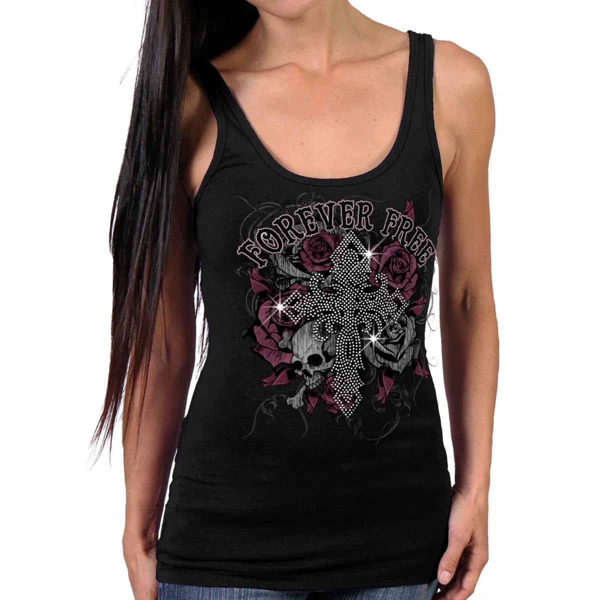 Premium Material Hot Leathers GLR2556 Ladies Black Cross Bling Tank Top Shirt Natural