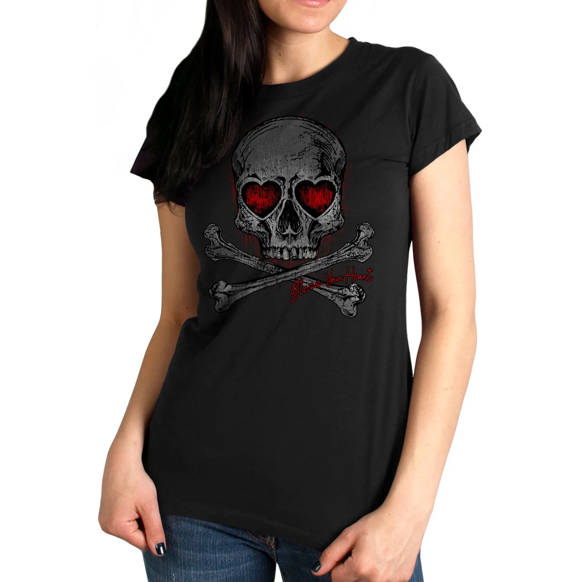 User-Friendly Hot Leathers GLR1555 Ladies Black Heart Eyes Skull T-Shirt Healthy
