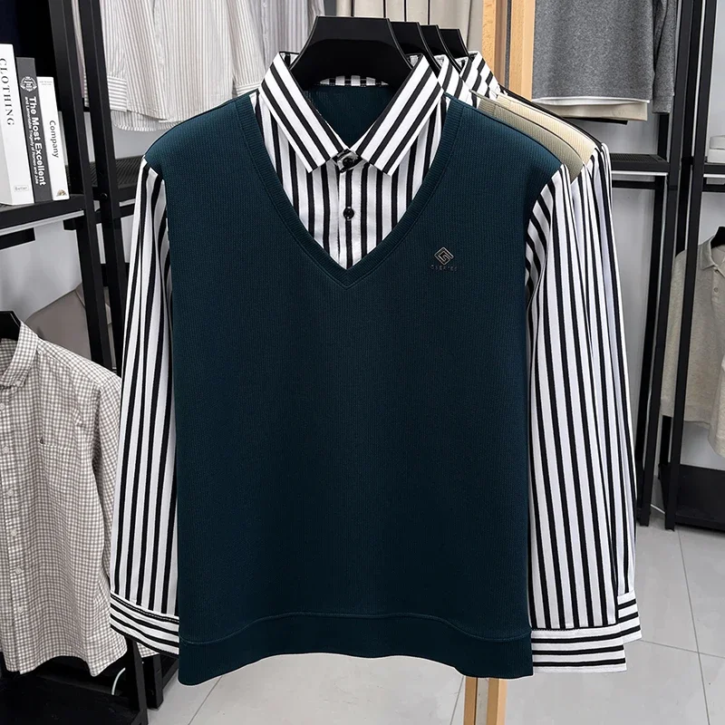 Reusable Men s Business Casual Striped Long Sleeve Shirt with Sweater Vest – Fake Two-Piece Top Efficient