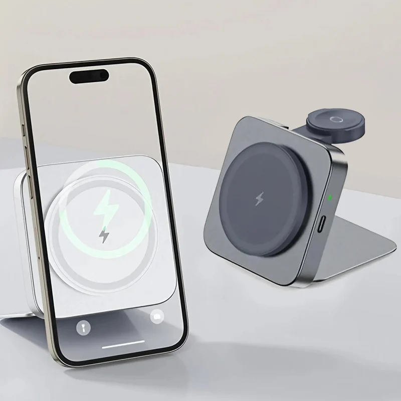 Breathable 15W Magnetic Wireless Charger 2-in-1 – Foldable Fast Charging Phone Stand with Portable Aluminum Design Relaxed
