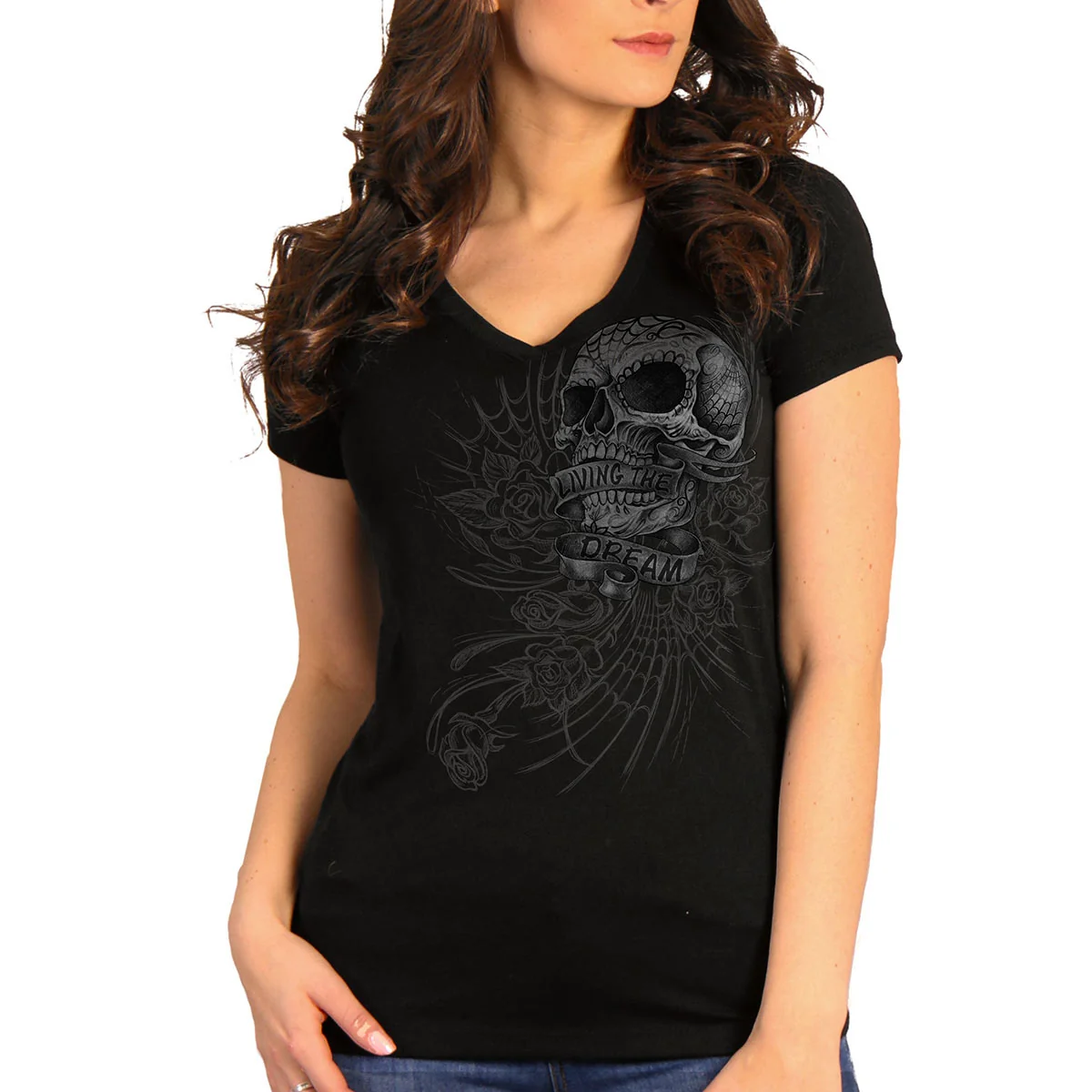 Elite Hot Leathers GLC1565 Ladies Black Sweet Demise V-Neck Shirt Verified