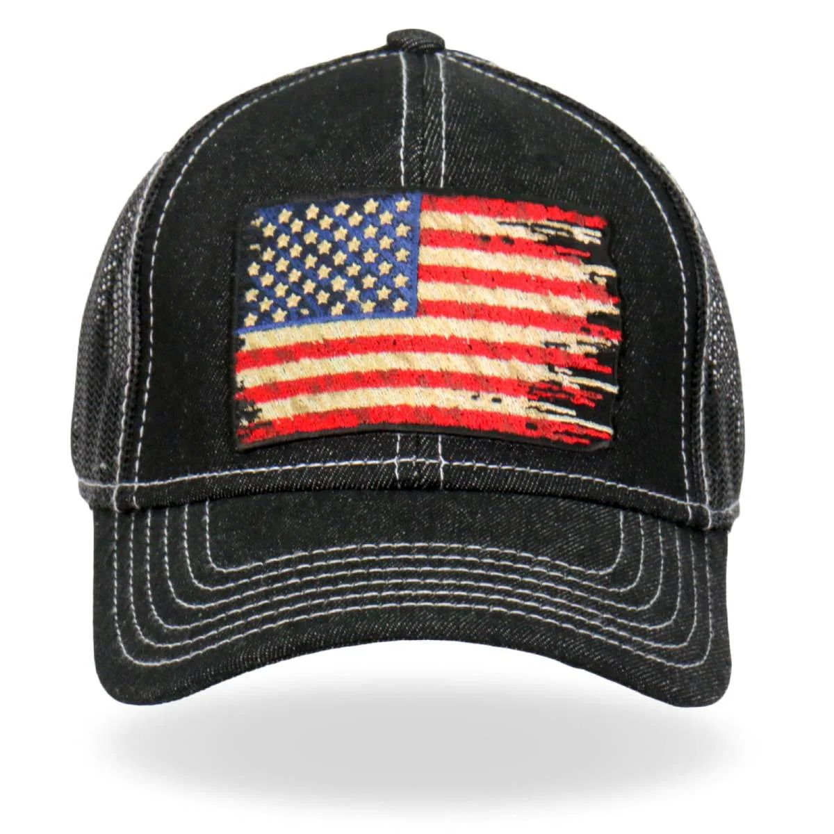 Fashionable Hot Leathers GSH1030 Denim Tattered Flag Trucker Hat Genuine