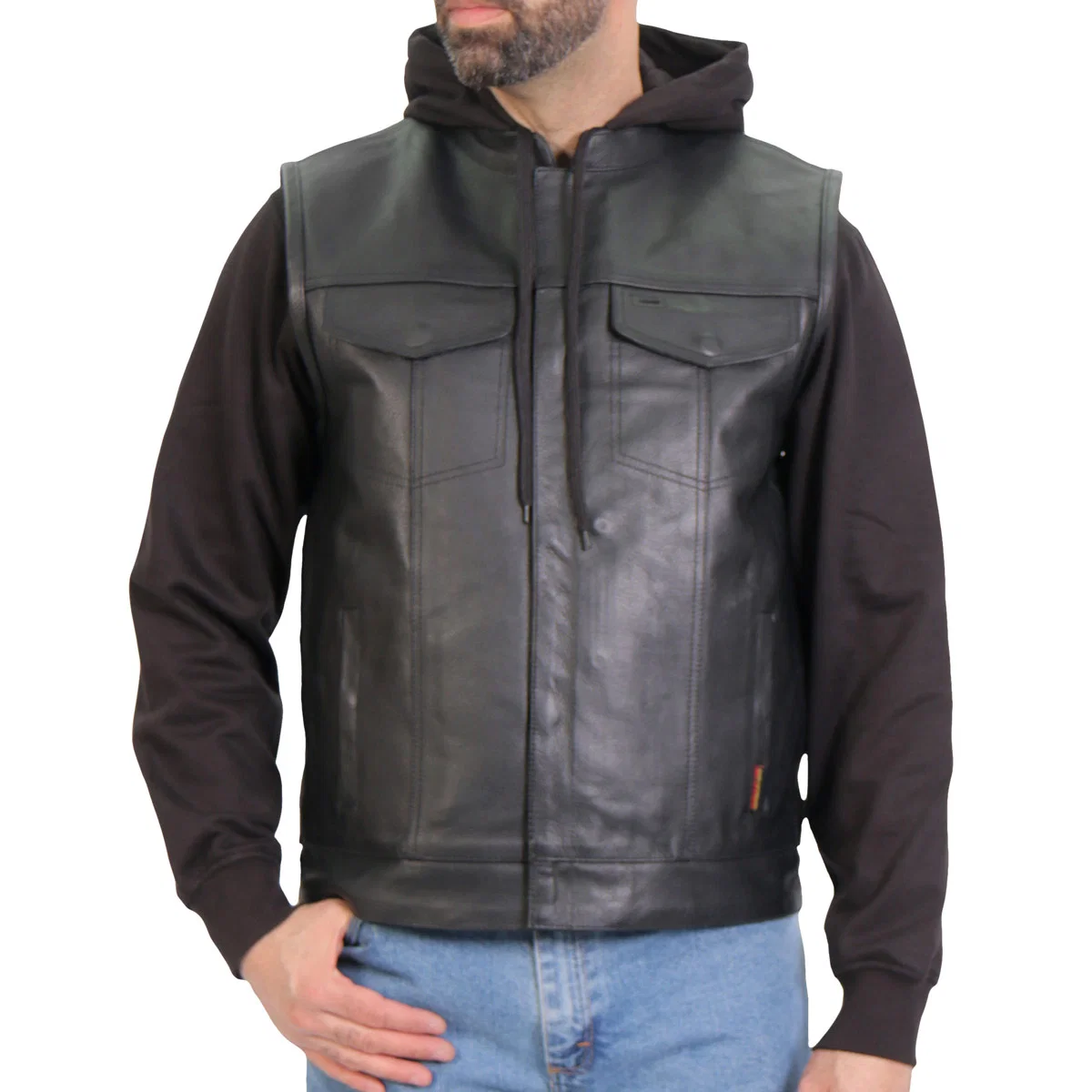 Elite Hot Leathers M1202 Men’s Black ‘2-in-1’ Conceal and Carry Leather Vest with Hoodie Enhanced
