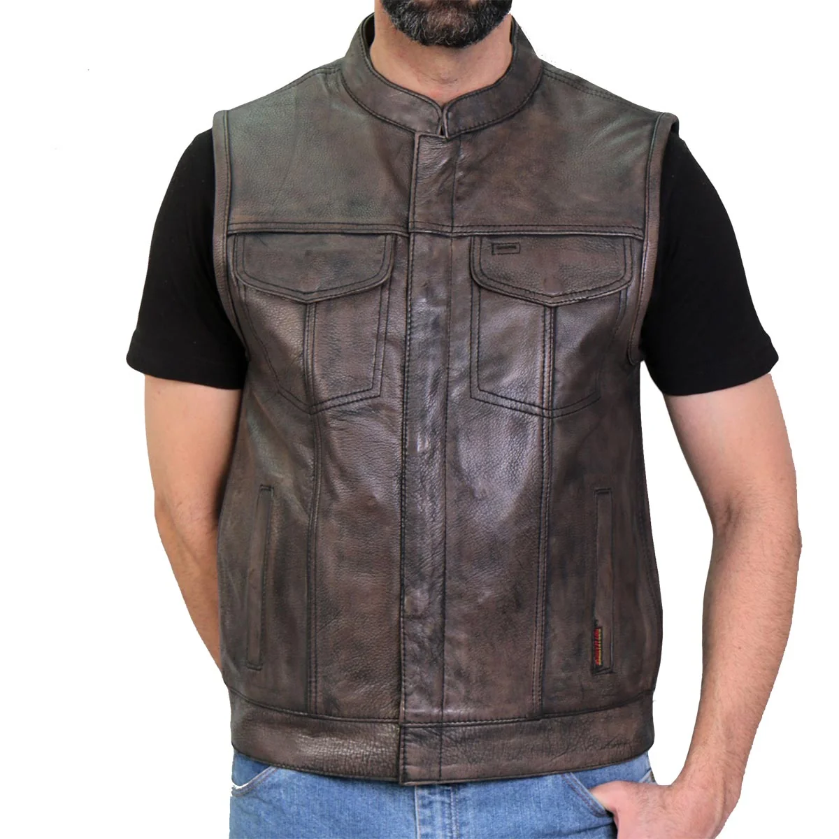 Secure Hot Leathers M1035 Men’s Distressed Brown ‘Conceal and Carry’ Club Leather Vest Genuine