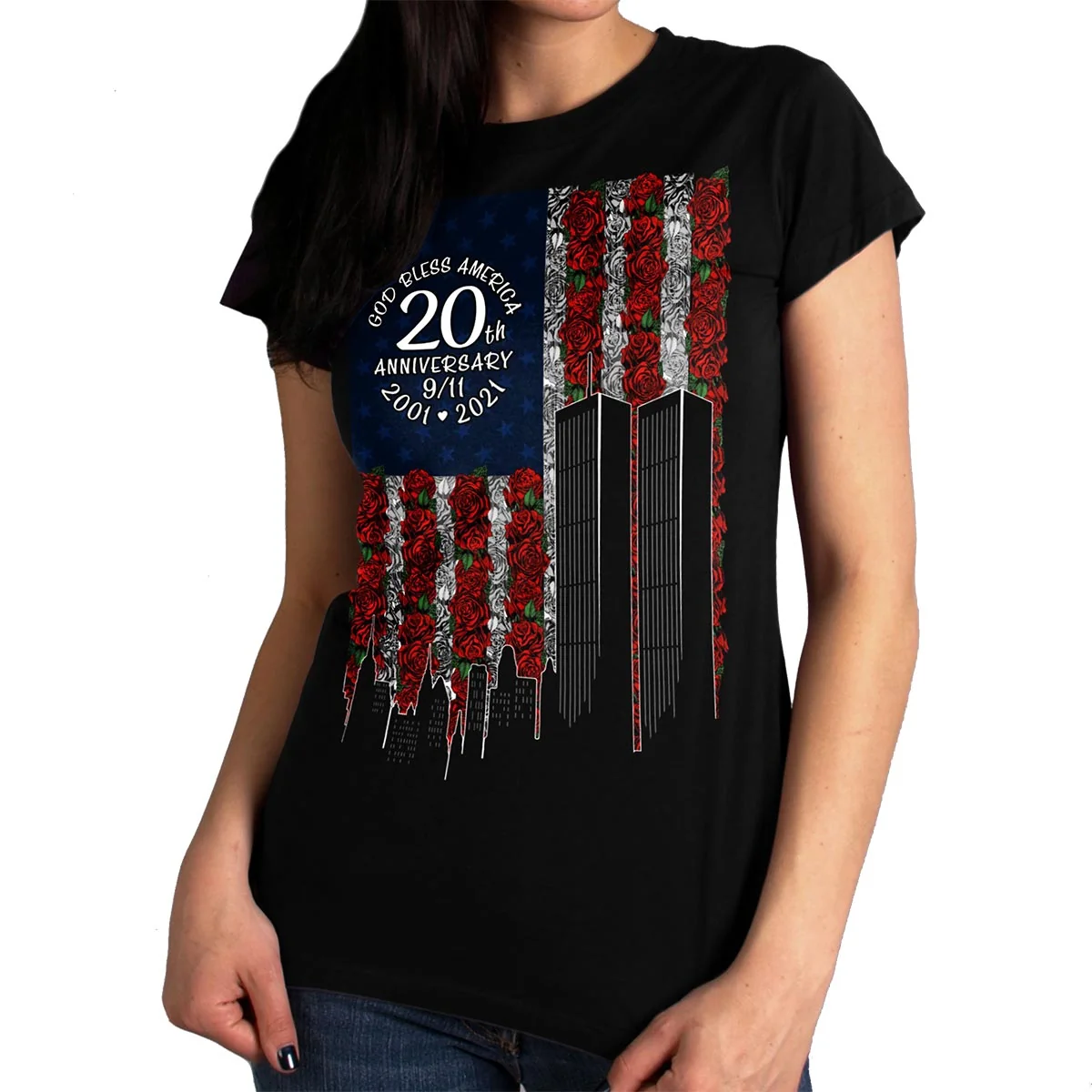 Official Hot Leathers GLR1350 Ladies Black ‘9-11 Roses and Flag’ T-Shirt Top-Quality