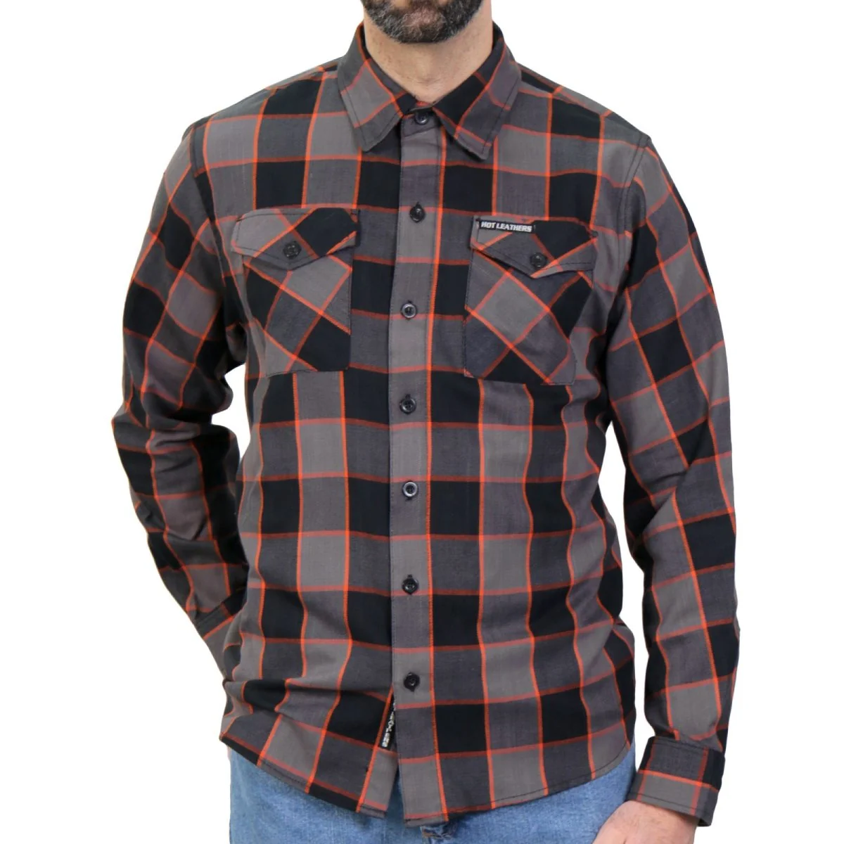 Premium Material Hot Leathers FLM2020 Men’s Black Gray and Orange Flannel Long Sleeve Shirt Natural