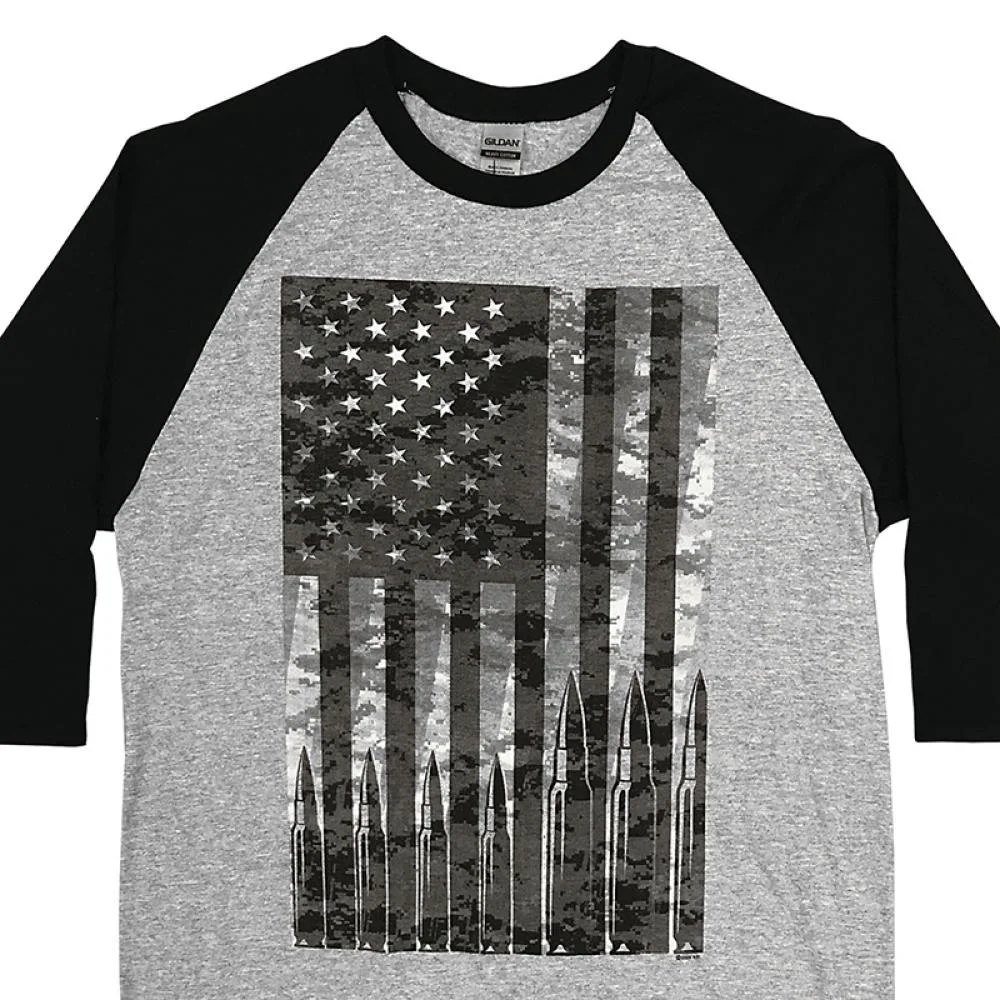Exclusive Hot Leathers GMS2486 Men’s Flag Bullets Raglan 3 4 Long Sleeve Heather Black Shirt Fine