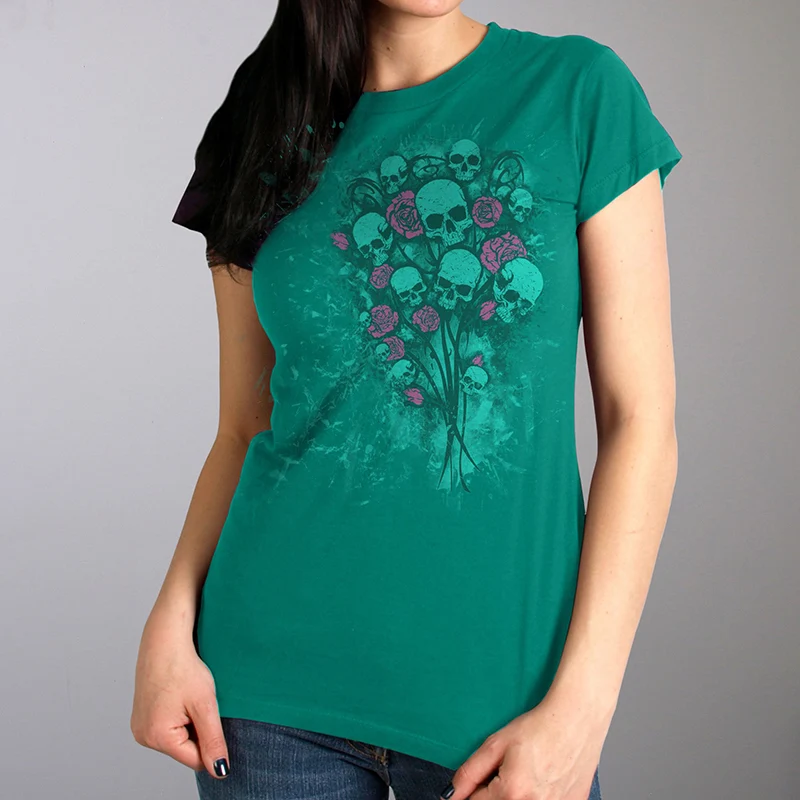 Trendy Hot Leathers GLR1527 Ladies Skull Bouquet Full Cut Carolina Blue T-Shirt Professional