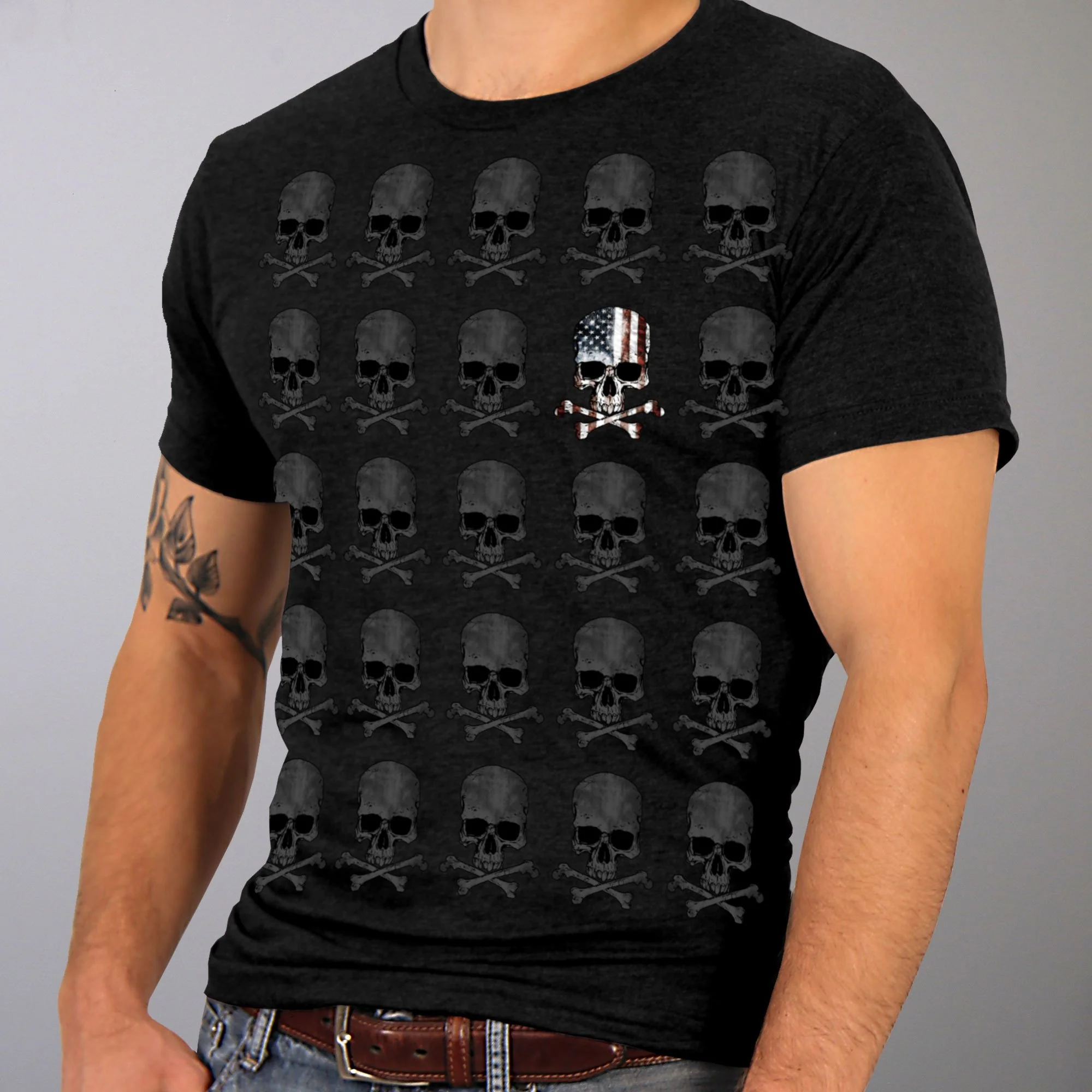 Outstanding Hot Leathers GMS1440 Mens Skull Pattern Jumbo Print Black T-Shirt Healthy