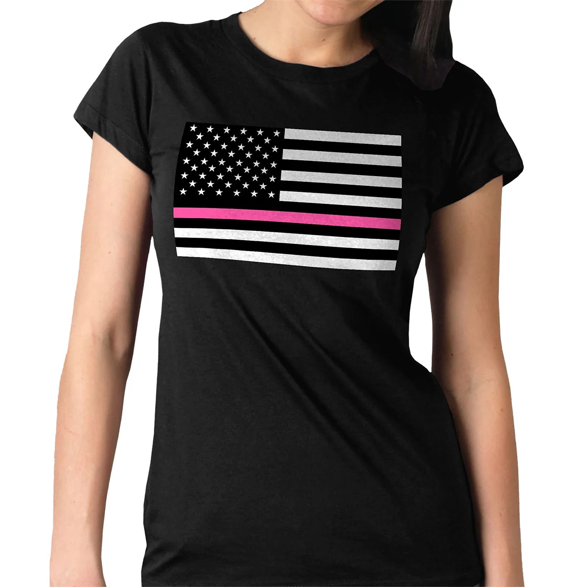 Trusted Hot Leathers GLR1515 Ladies Full Cut Thin Pink Line American Flag Black T-Shirt Specialty