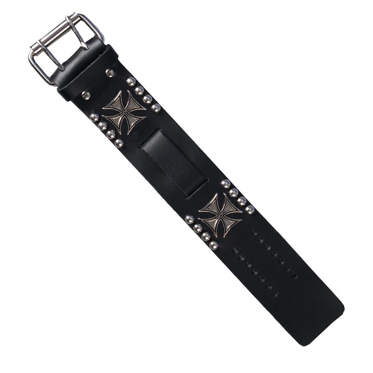 Elite Hot Leathers WTB1020 Iron Cross and Studs Black Leather Watchband Functional