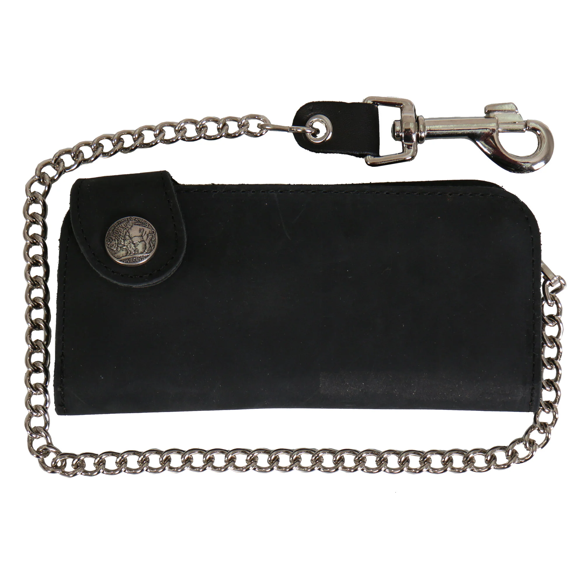 Consistent Hot Leathers WLA3001 Black Buffalo Nickel Snap Bi-Fold Wallet with Chain Clean