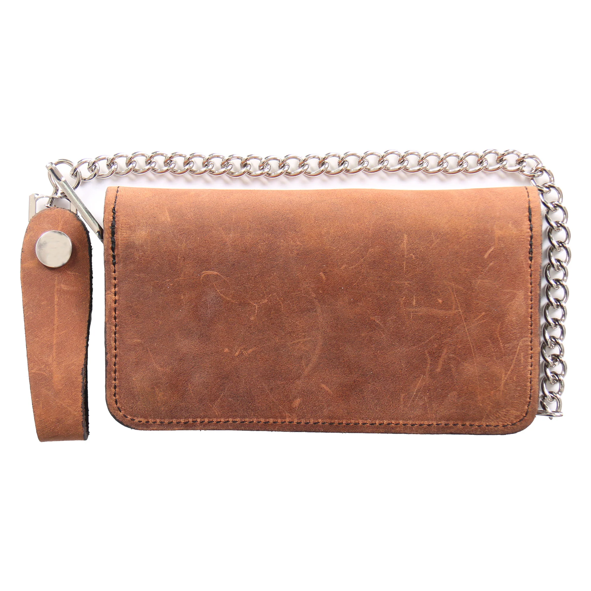 Safe Hot Leathers WLC2012 7 Bi-Fold Brown Leather Wallet with Chain Verified