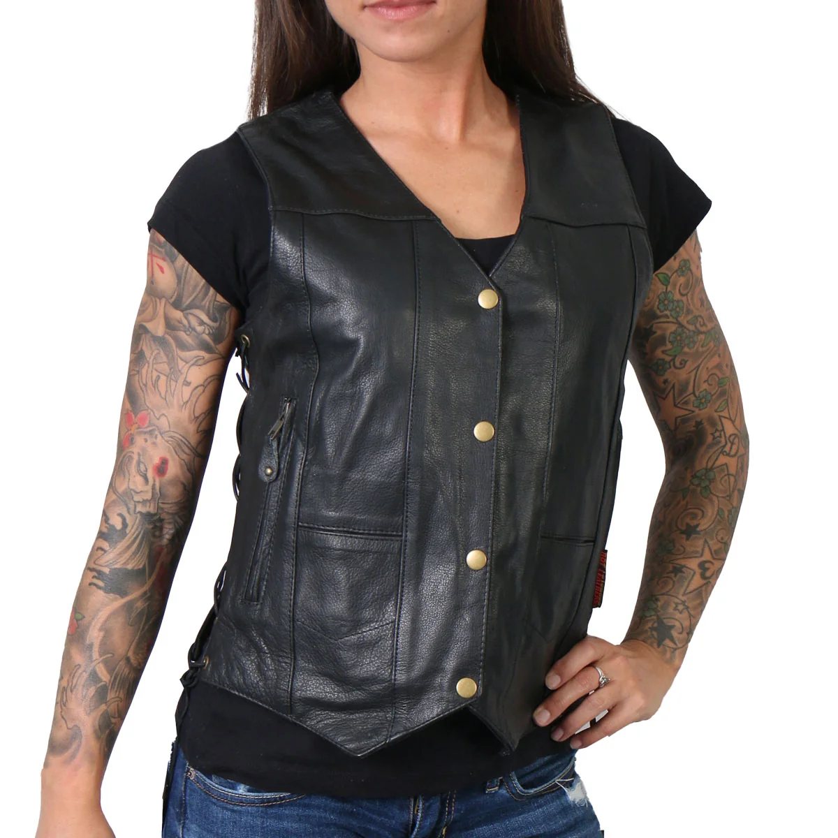 Stylish Hot Leathers L1008 Ladies Black ‘Ten Pocket’ Leather Vest Authentic