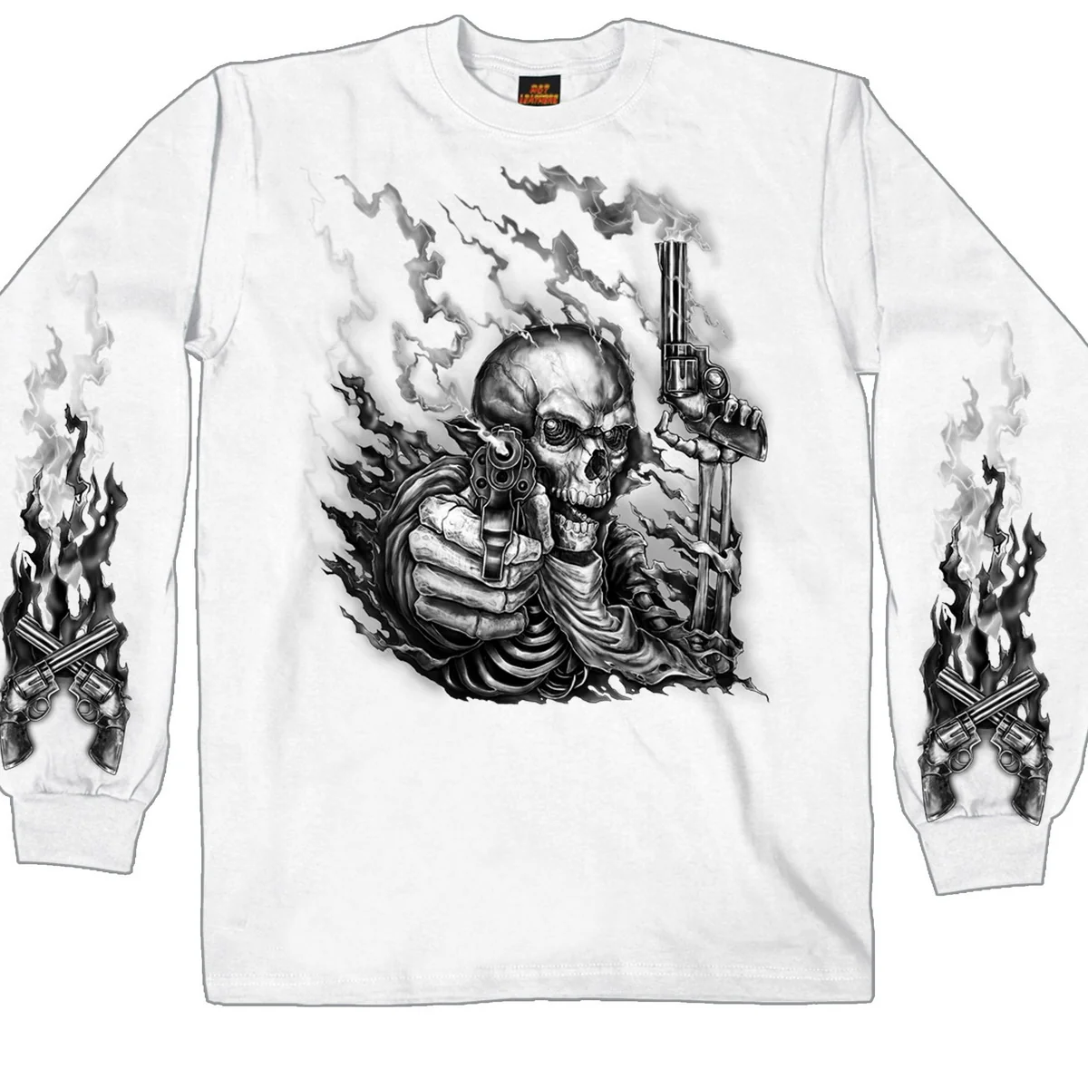 Pure Hot Leathers GMS2426 Men s Smoking Guns Skeleton Long Sleeve White T-Shirt Safe