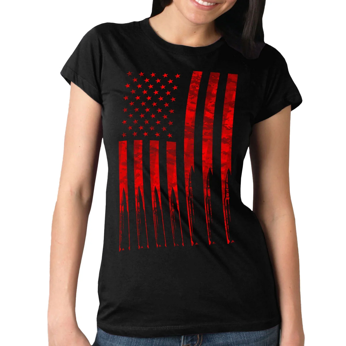 Convenient Hot Leathers GLR1498 ‘Flag and Bullets’ Full Cut Ladies Black T-Shirt Environmentally Friendly