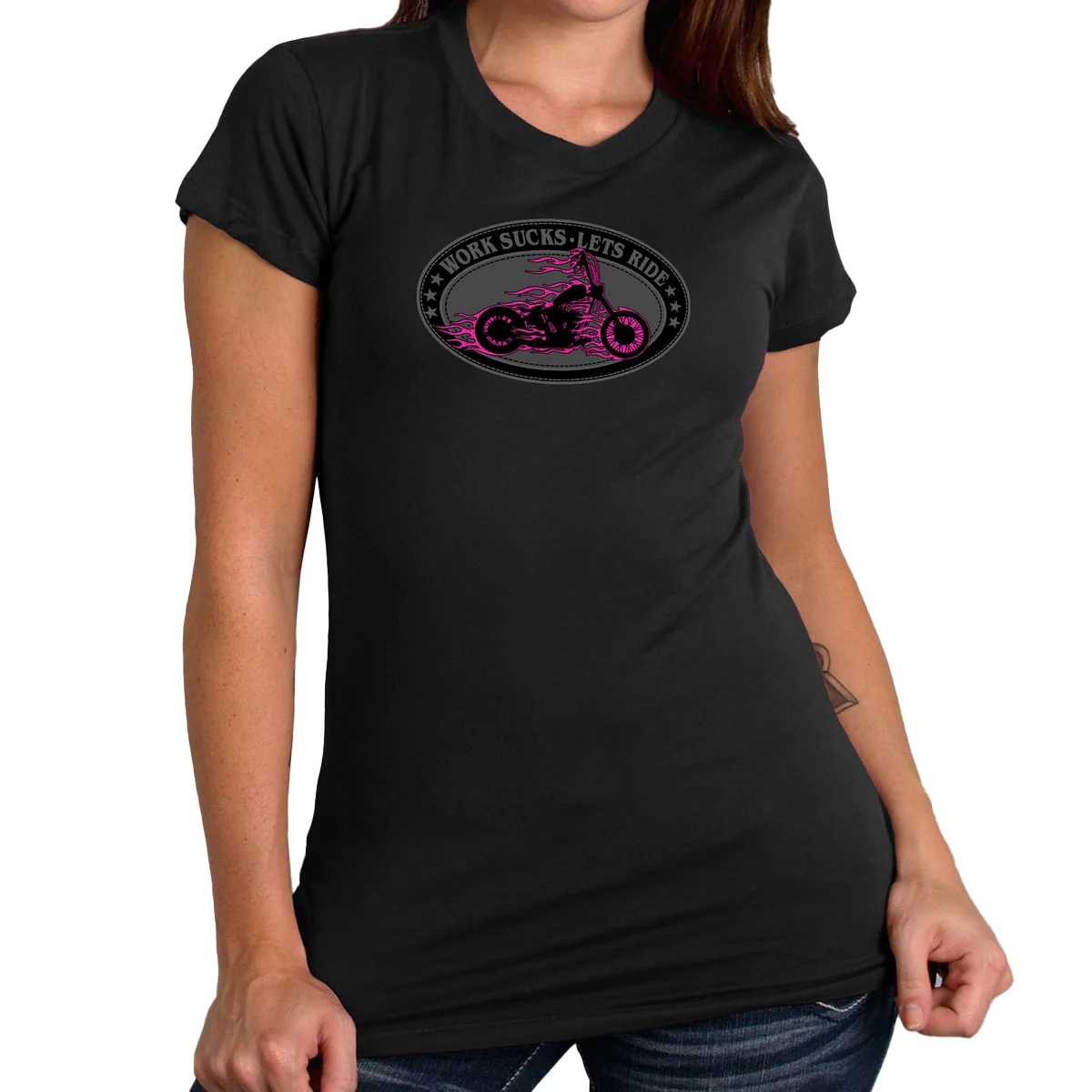 Fine Hot Leathers GLR1499 ‘Work Sucks-Lets Ride Oval’ Ladies Black T-Shirt Exclusive