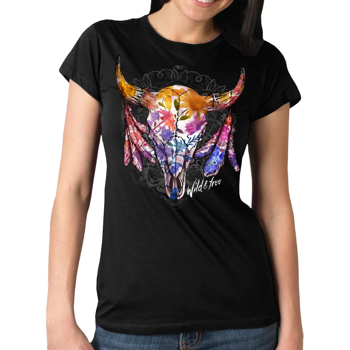 First-Class Hot Leathers GLR1497 Ladies ‘Wildflowers Wild and ‘ Short Sleeve Black T-Shirt Organic
