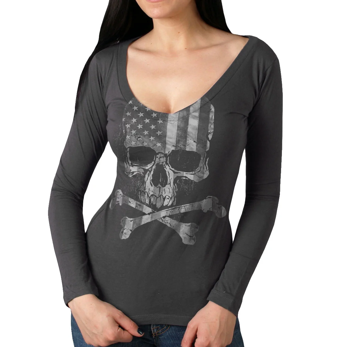 Effective Hot Leathers GLC3495 Flag Skull Ladies Smoke Color Long Sleeve Shirt High-Quality