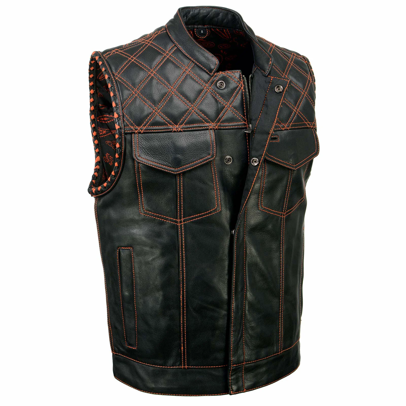 Consistent Milwaukee Leather MLM3527 Men’s Black ‘Paisley’ Accented w Orange Stitching Leather Vest – Armhole Trim Fine Crafted