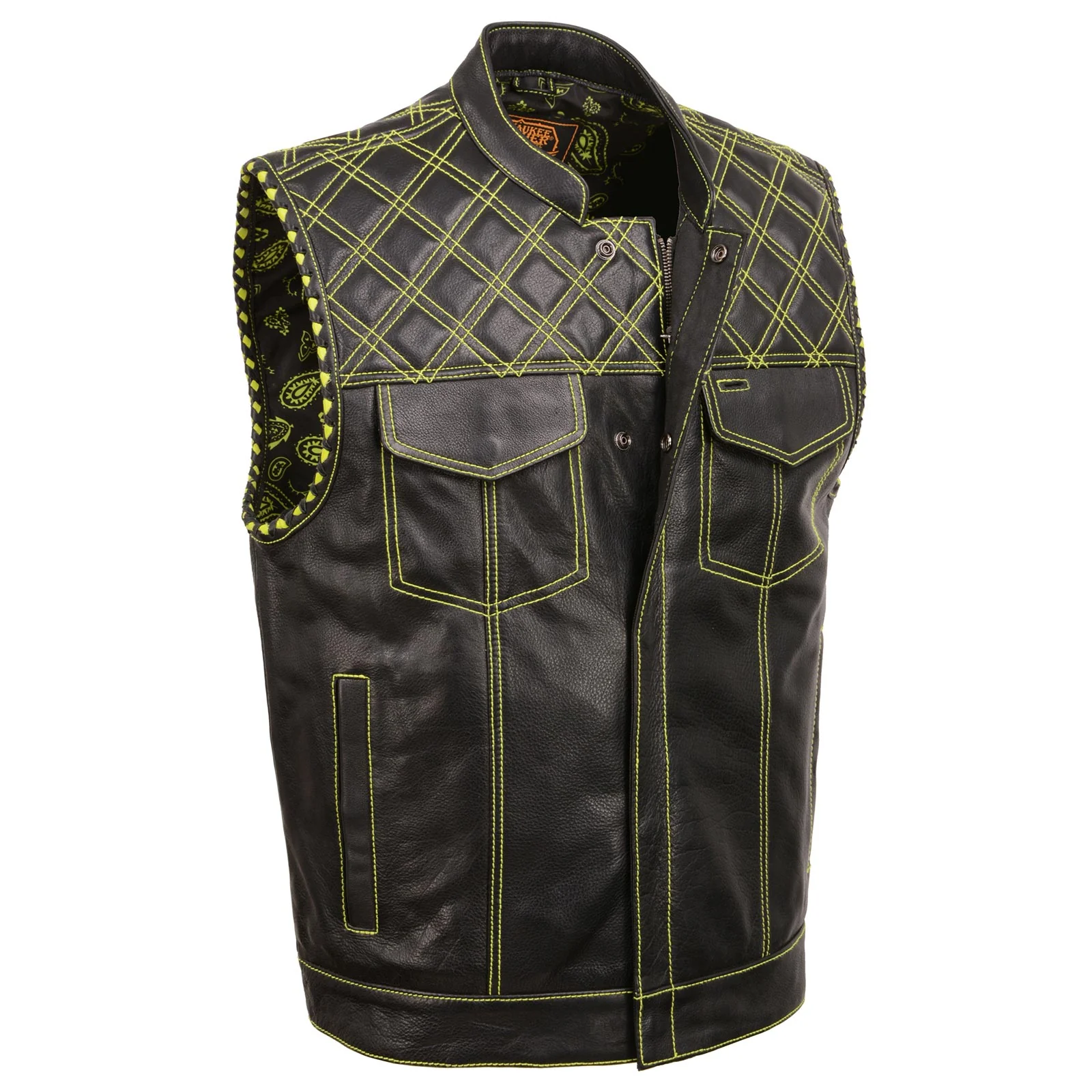 Smart Milwaukee Leather MLM3528 Men’s Black Paisley Lined Leather Vest w Neon Green Stitching Armhole Trim Prestigious